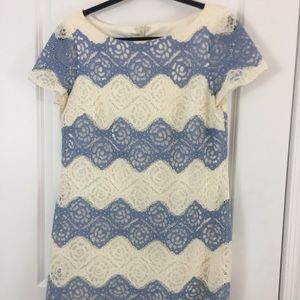 London Times lace dress w/ white and blue stripes